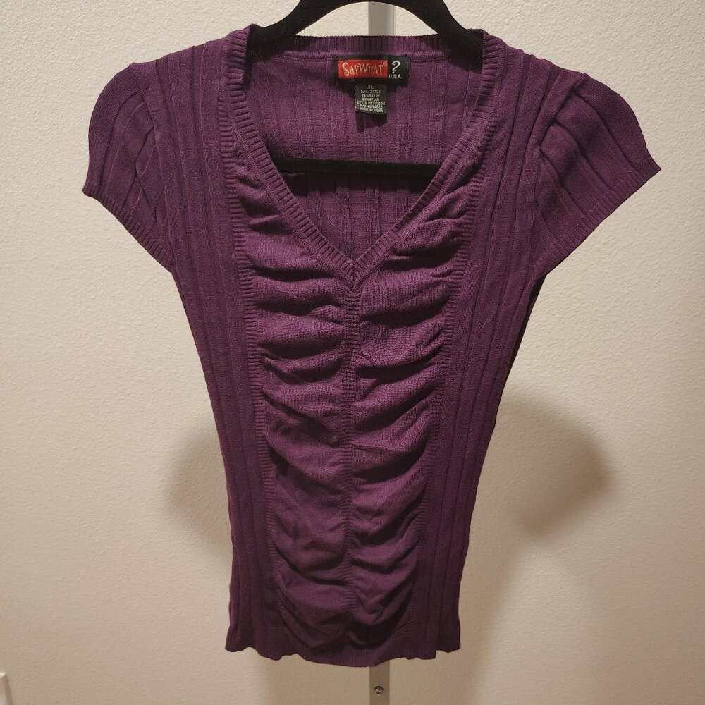 Say What? Junior's Short Sleeve V-Neck Sweater Size XL Purple